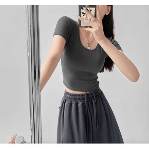 方领正肩短袖T恤女2023新款夏季打底衫内搭纯色短款半袖显瘦上衣