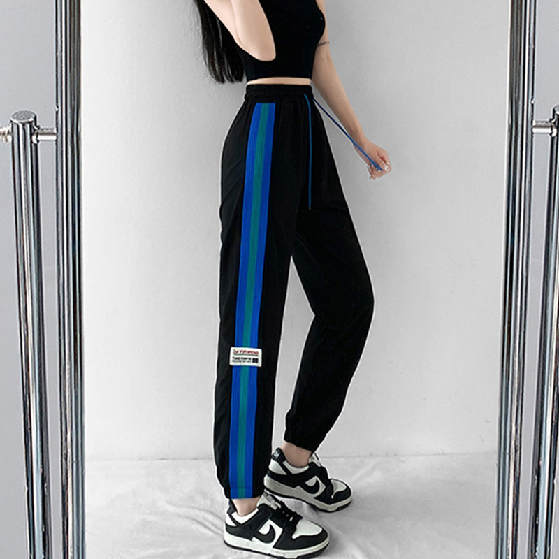 拼色条纹秋冬新款束脚裤女运动高腰显瘦宽松直筒透气长裤子休闲裤